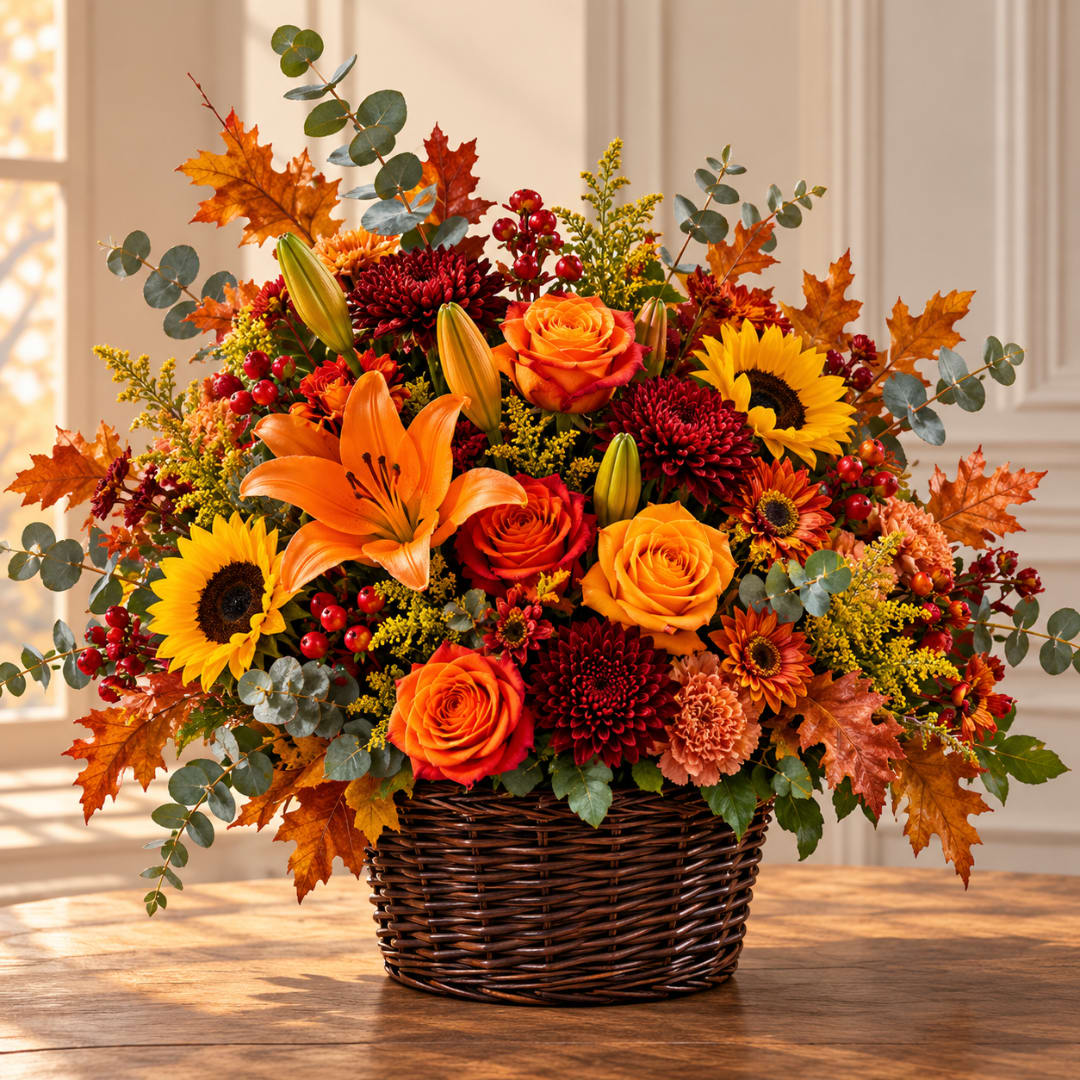 Autumn flower arrangement in a wicker basket with roses, lilies, and sunflowers