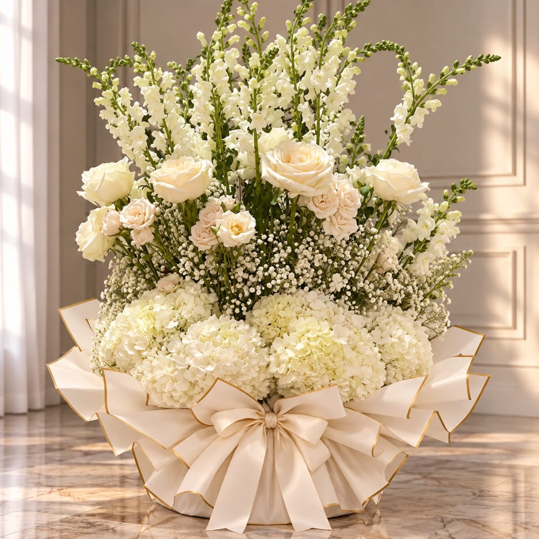 Cream floral arrangement with roses and hydrangeas in a wrapped base