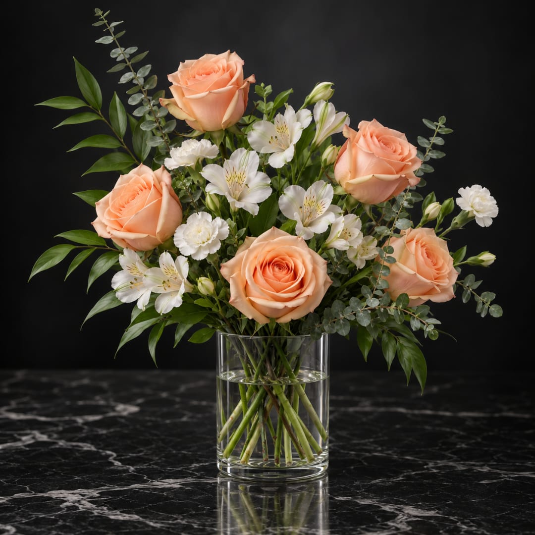 Peach roses and white flowers arranged in a clear glass vase