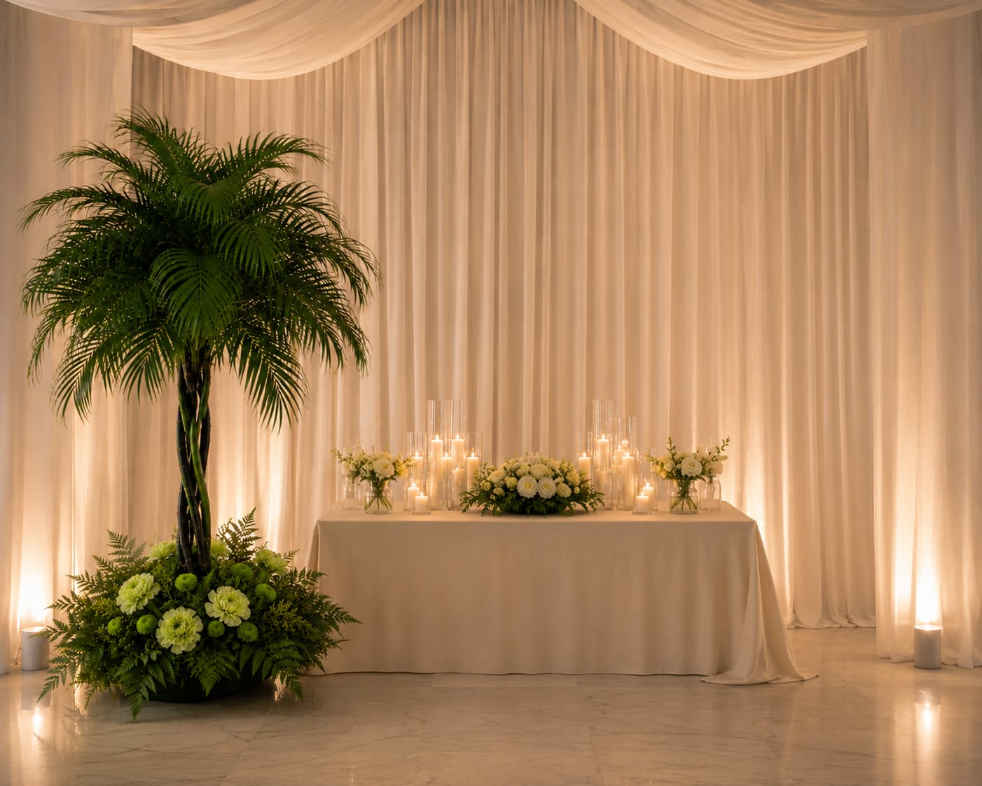 Palm Elegance Collection - Tropical Elegance Event Collection  Bring timeless sophistication to your celebration with our Tropical Elegance Event Collection. This luxurious coordinated set features a breathtaking freestanding palm arrangement, a lush floral centerpiece, and two matching accent vase arrangements, creating a harmonious and unforgettable displa Designed with premium tropical foliage and fresh white blooms, this collection transforms weddings, corporate events, anniversaries, memorials, and elegant receptions into refined, welcoming spaces. Every piece is handcrafted to complement the others, offering a seamless, high-end look that impresses from every  Special Celebrations Elevate your event with natural beauty, timeless elegance, and unforgettable style. Every arrangement is handcrafted with fresh flowers to create a lasting impression.
