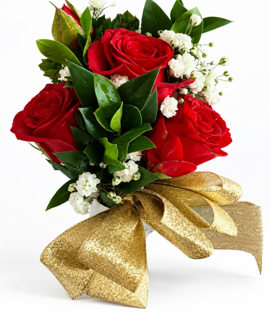 Red roses with white filler flowers and a gold ribbon bow