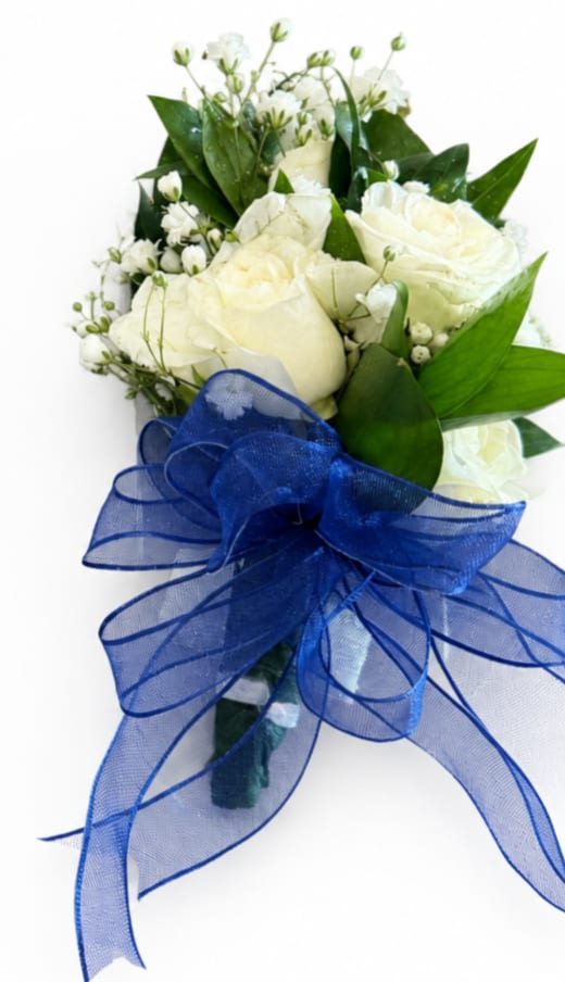 White rose bouquet with a large blue ribbon bow