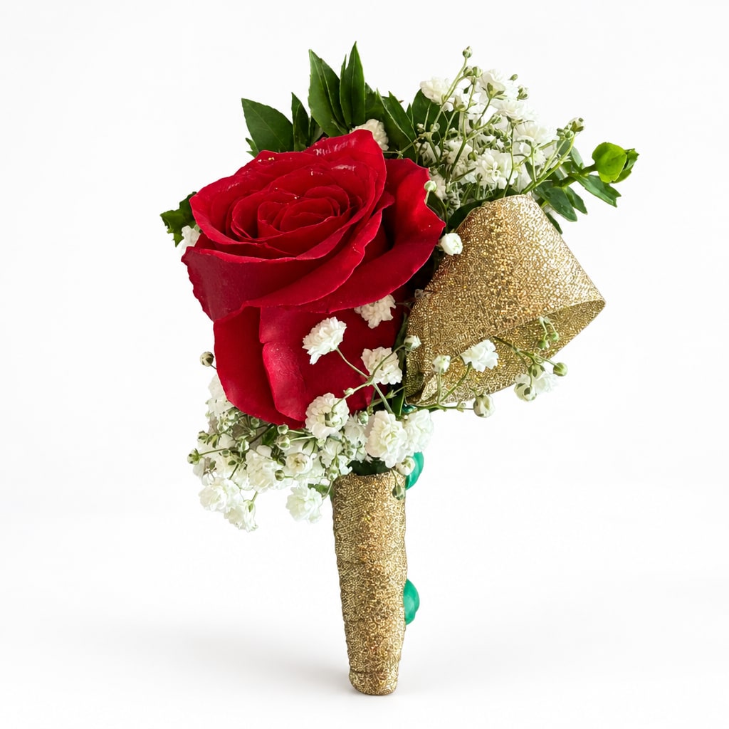 Red rose boutonniere with white baby's breath and gold wrap