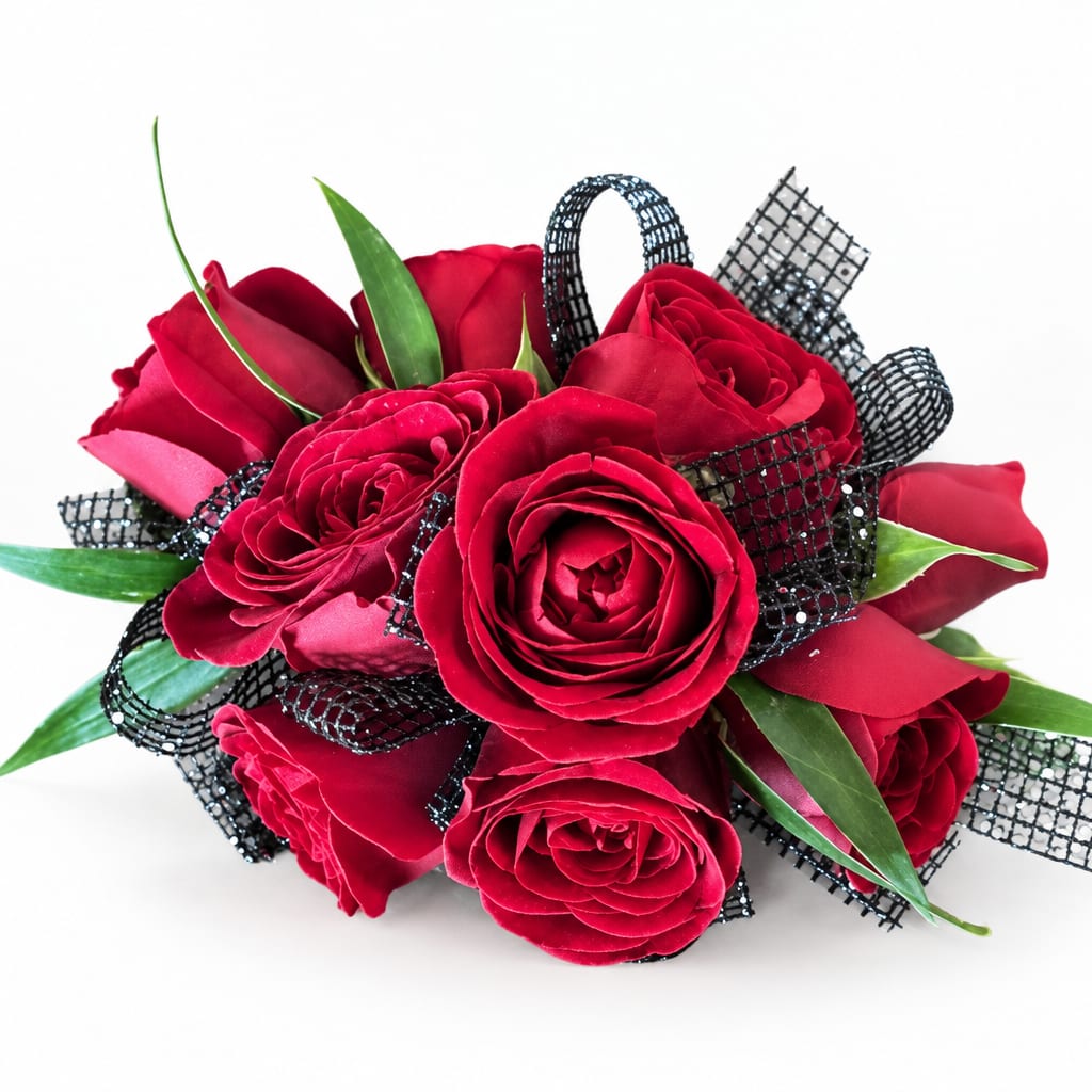 Red rose bouquet with black ribbon accents on a white background