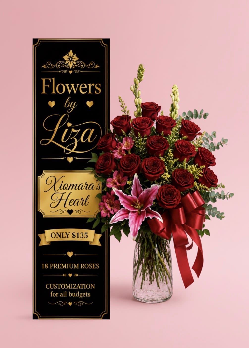 Xiamaras Heart - A lush cluster of deep red roses centered around a single large pink lily creates an unmistakably romantic flower arrangement perfect for an anniversary bouquet, Valentine's Day gift, or a heartfelt birthday surprise. The rounded mass of roses gives a classic, formal feel while the pink lily and smaller pink accents add a soft, feminine contrast so the person you're thinking of will feel truly celebrated.  This arrangement pairs red, pink, white and green tones: abundant deep red roses, a prominent pale-pink lily bloom, smaller pink accent blooms, pale tall buds and airy filler, plus eucalyptus-like greenery for texture. It arrives in a clear glass vase finished with a wide red satin ribbon and a printed sign, balancing elegance with a gift-ready presentation. The composition is tall above the rounded rose mass, offering both visual impact and a graceful silhouette.  Ideal for marking romantic milestones or sending warm congratulations, this is the kind of bouquet that reads as thoughtful and romantic the moment it's placed in the room. Standard care-fresh water and trimming stems every few days-will keep the blooms looking their best through the week; include a personalized note on the printed sign to make the sentiment unmistakable.