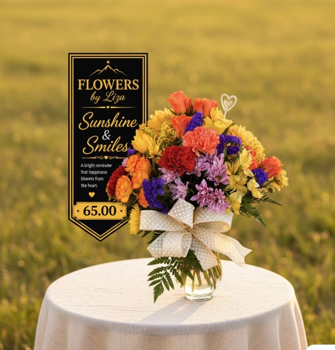 Sunshine &amp; Smiles - Sunshine and Smiles is a compact mixed-color flower arrangement perfect as a birthday bouquet or a cheerful pick-me-up for someone who could use a bright moment. The rounded, garden-style grouping combines yellow, pink, and purple tones to create an immediate sense of warmth and joy-the kind of bouquet that makes the person you're thinking of feel noticed and celebrated.  This arrangement features carnations, daisies, and chrysanthemums densely packed in a clear glass vase for a fresh, full look. Colors range from sunny yellow and warm orange to vibrant pinks and cool purples, arranged for lively contrast and texture. A pale decorative ribbon bow wraps the vase and a small heart pick adds a playful, affectionate touch; a price sign is included in the presentation.  Ideal for everyday gifting, birthdays, or to say "thinking of you," Sunshine and Smiles is sized as a compact tabletop bouquet that brightens kitchens, desks, or bedside tables. Stems arrive ready to display in the included vase-refresh the water every few days and trim stems slightly for the longest-lasting color and bloom life.