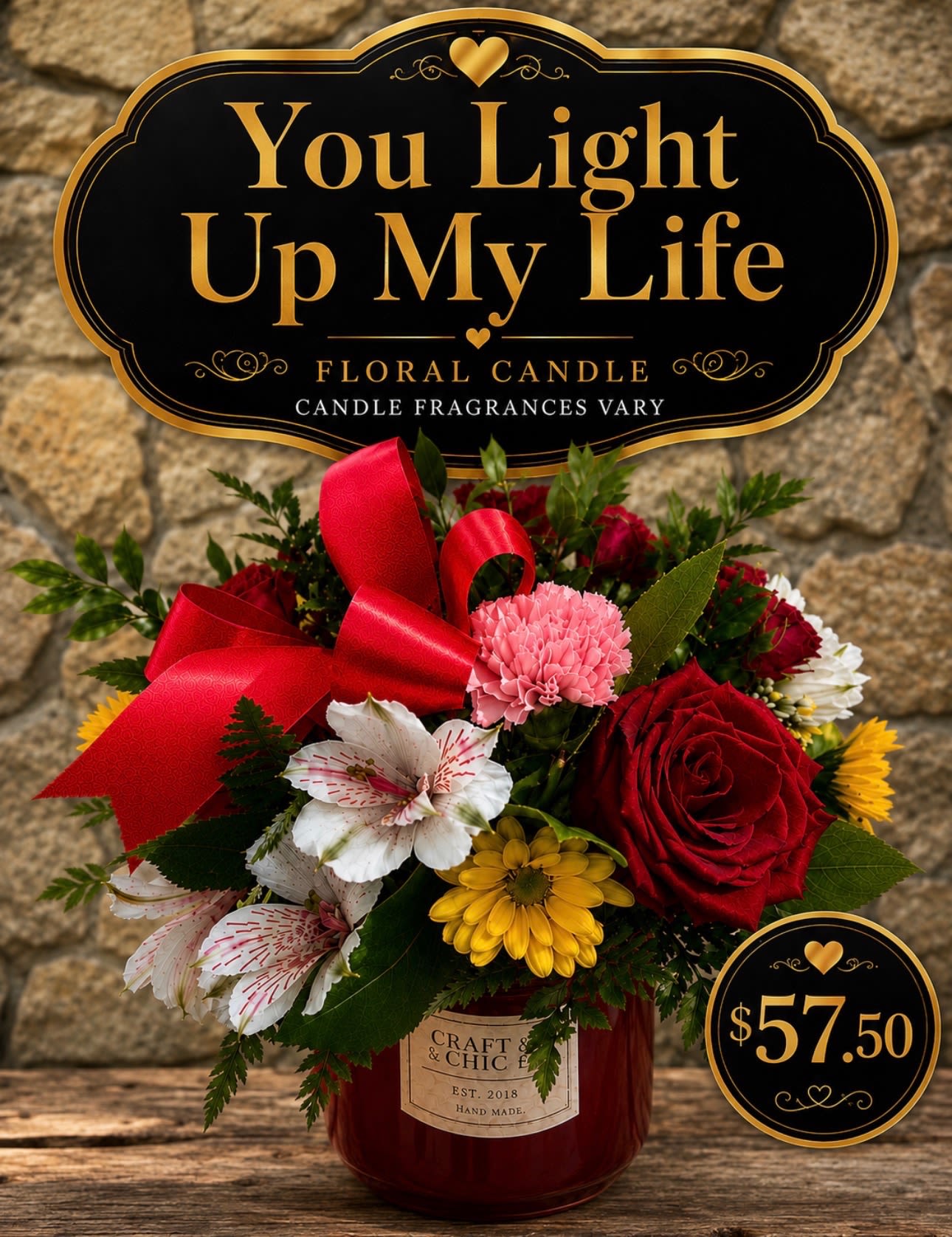 Light up my life - A bold, romantic floral candle arrangement designed to make someone feel truly cherished - perfect as an anniversary roses gift, a birthday bouquet for a loved one, or a heartfelt "thinking of you" surprise. The centerpiece message on a black-and-gold decorative sign reads "You Light Up My Life," so the recipient immediately knows this is a sentimental keepsake as well as a floral gift.  This mixed arrangement sits in a deep red glass jar and pairs a lit-from-within vibe with fresh flowers: a prominent red rose, soft pink carnation, white alstroemeria, and sunny yellow chrysanthemum, finished with a large red satin bow. The glass jar includes a candle presentation (glass candle jar) and comes with the sign and a discreet price tag; the texture contrast of velvety petals and glossy glass makes the display feel handcrafted and warm.  Give this to the person who brightens your days - it's the kind of gift that says you're noticed and loved. Order sizes ship ready to display; to keep blooms refreshed, change the water every other day and trim stems if needed to prolong vase life.