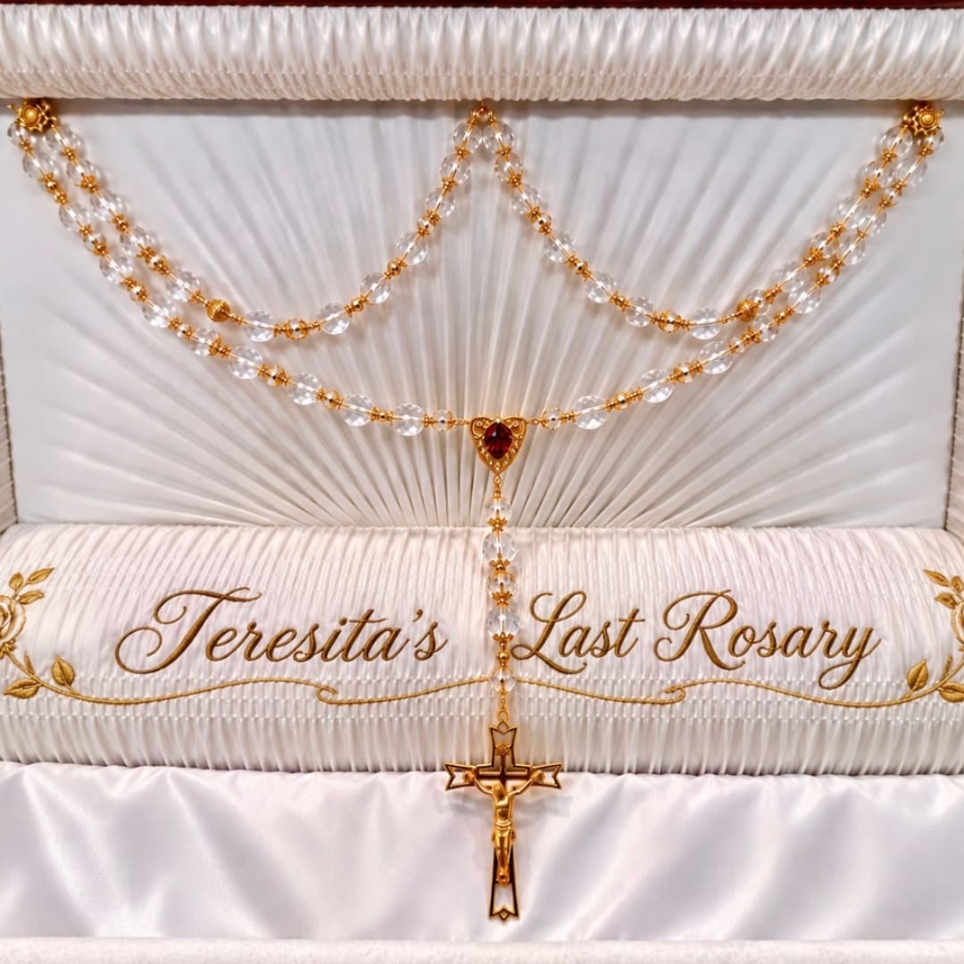 White satin funeral casket with gold rosary and cross