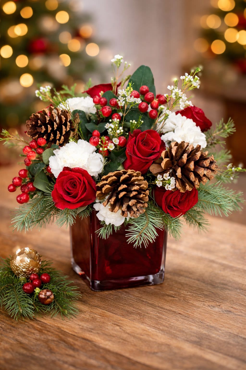 Red roses and white carnations in a square glass vase with pinecones