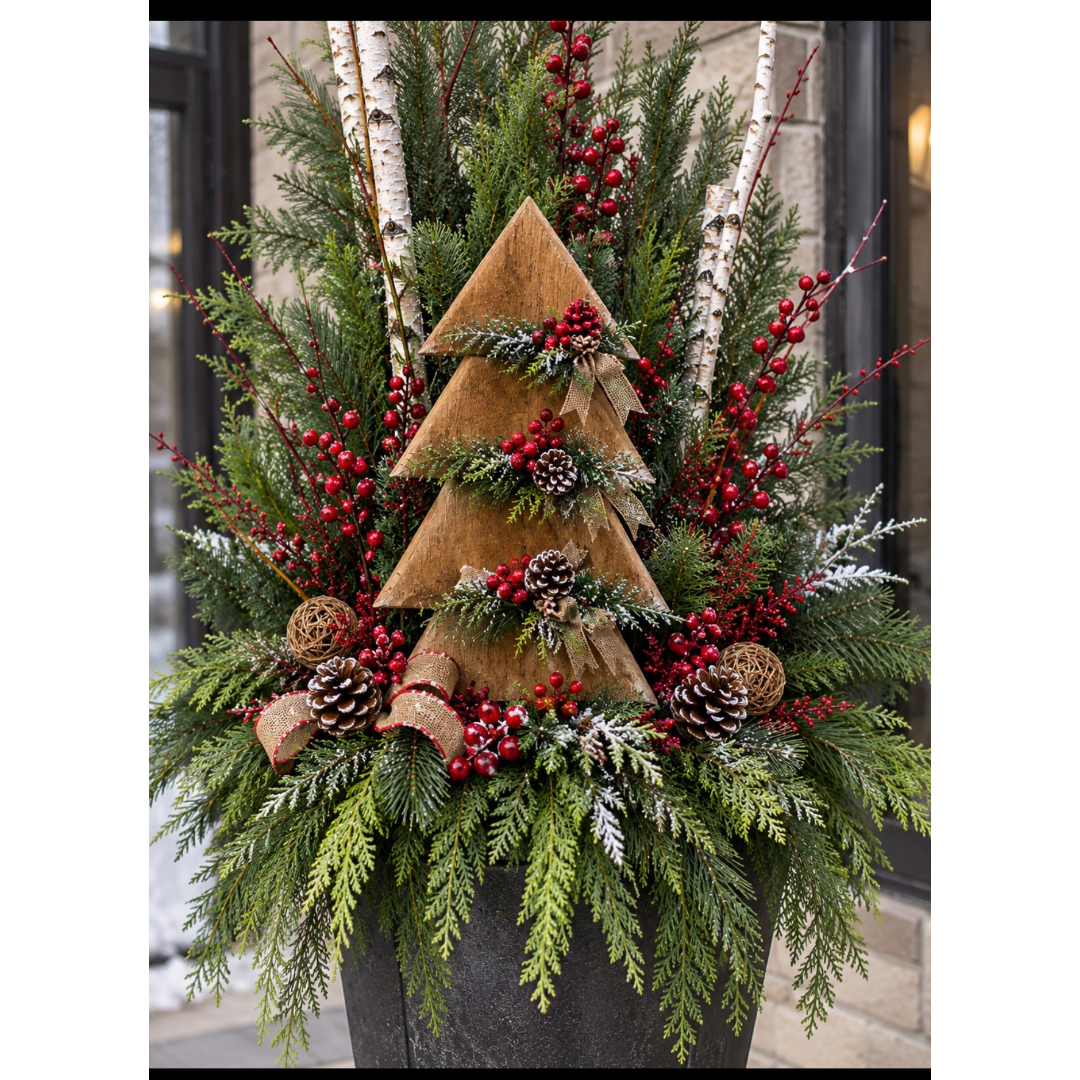 Holiday planter with evergreens, red berries, pinecones, and a wooden tree centerpiece