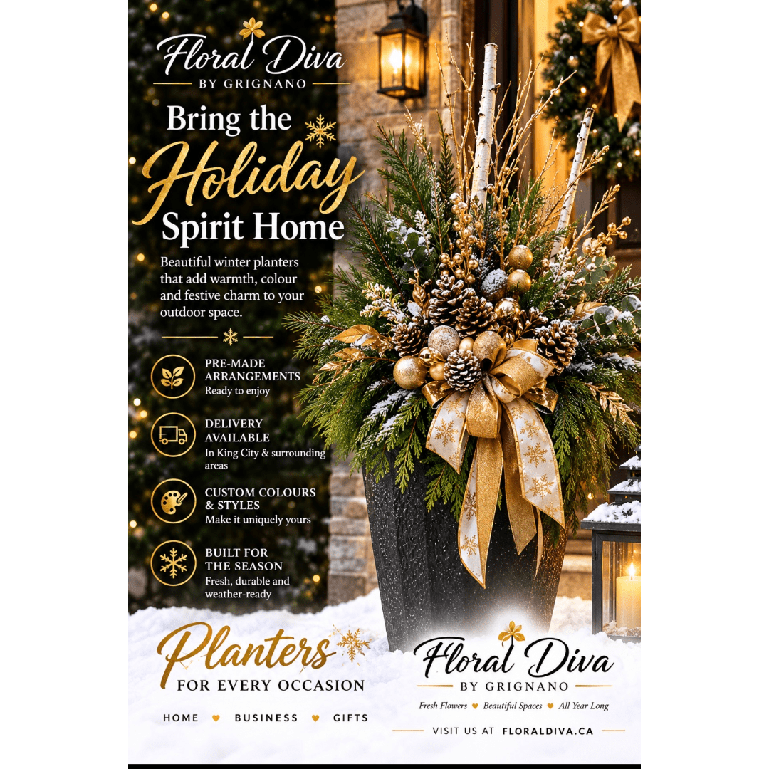 Holiday planter with pinecones, gold ornaments, and ribbon in a black pot
