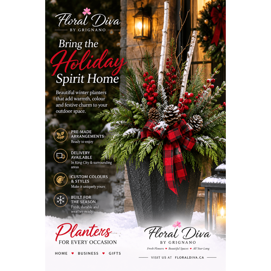 Holiday planter with birch branches, pine, red berries, pinecones, and a red plaid bow