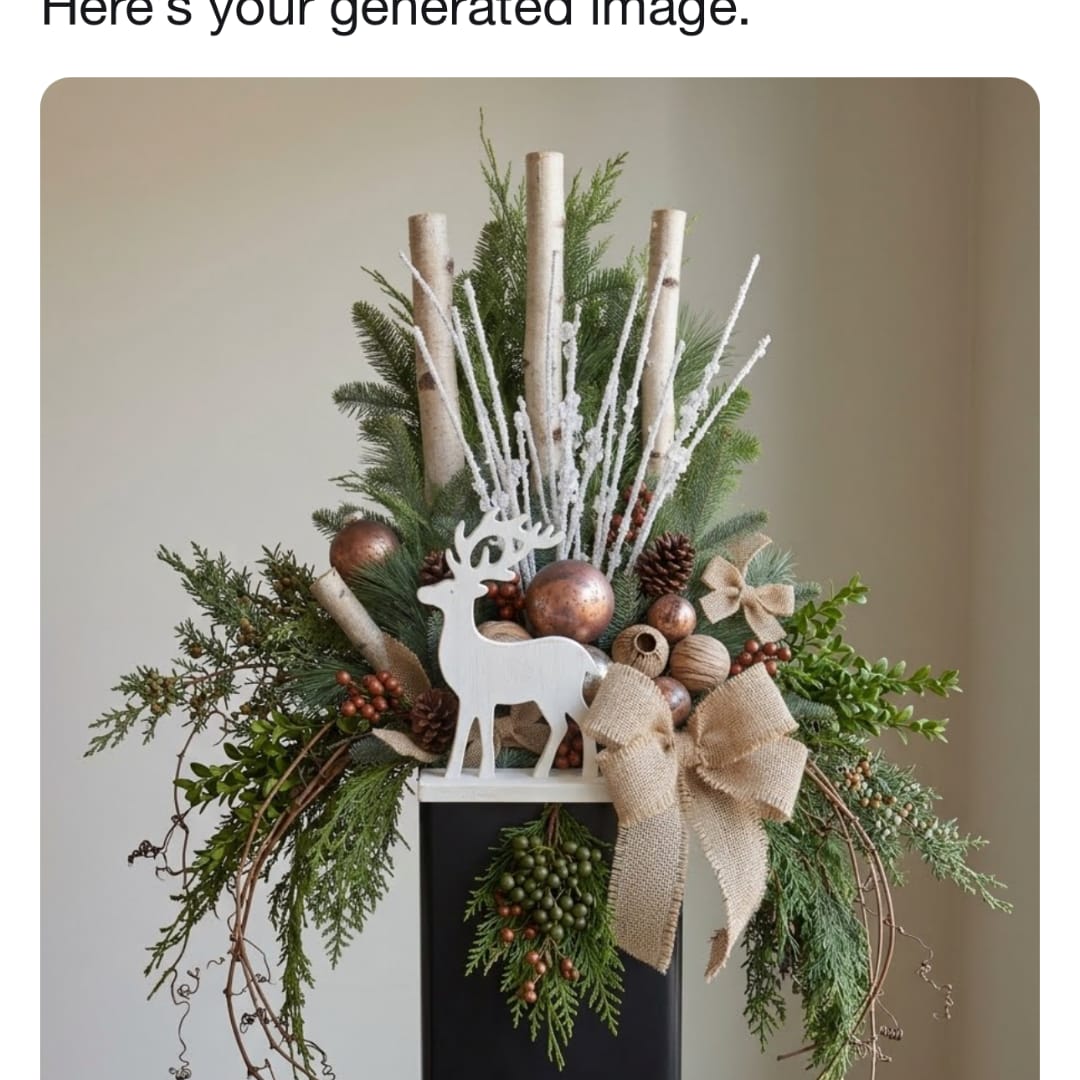 Christmas arrangement with evergreen branches, birch stems, pinecones, and a deer ornament