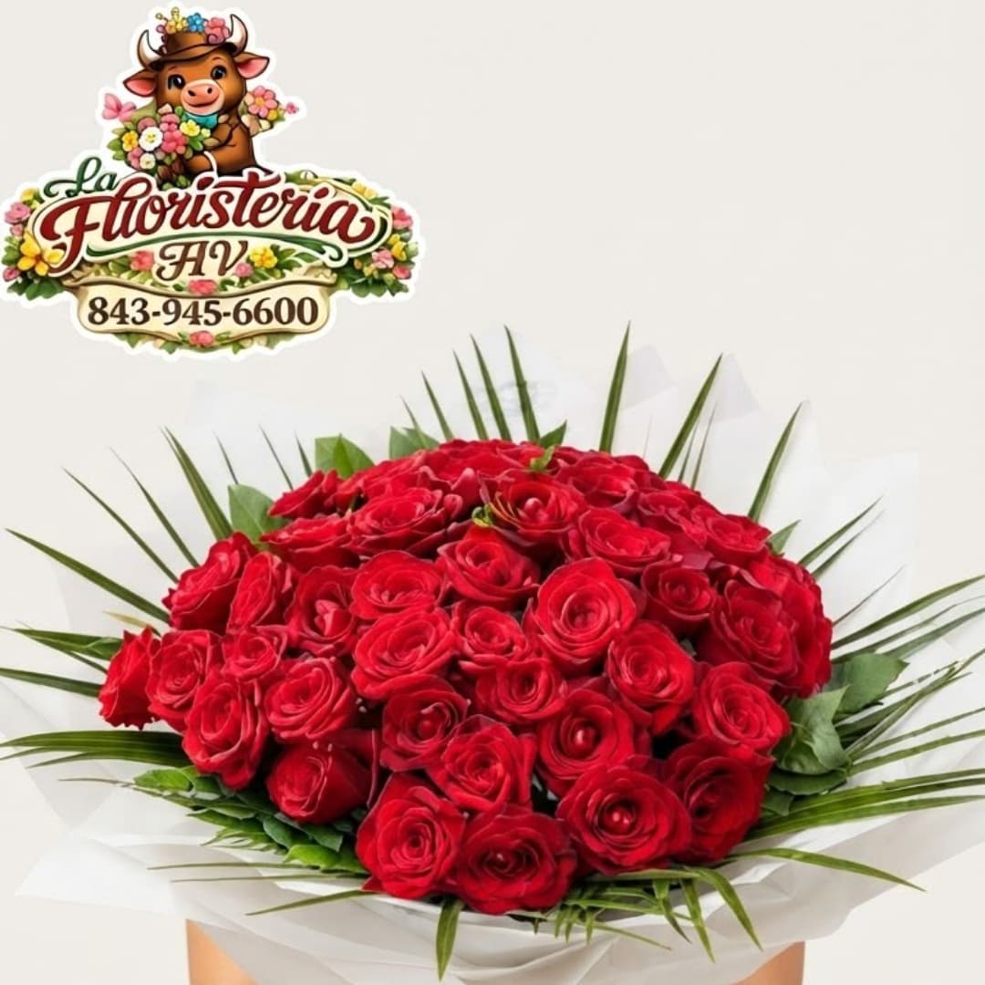 Bouquet of red roses with palm fronds and white wrap