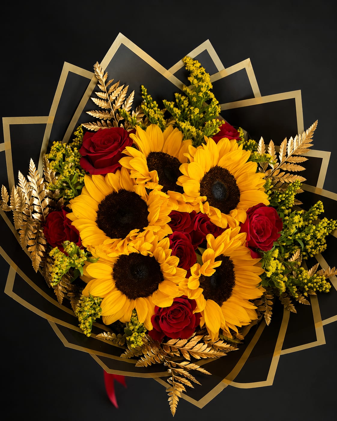 Sunset Romance - A breathtaking blend of sunshine and romance, Sunset Romance features radiant golden sunflowers paired with velvety red roses, accented by golden solidago and metallic foliage for a luxurious finish. Wrapped in elegant black and gold premium paper, this hand-tied bouquet creates a bold, sophisticated presentation that’s perfect for celebrating life’s most meaningful moments.