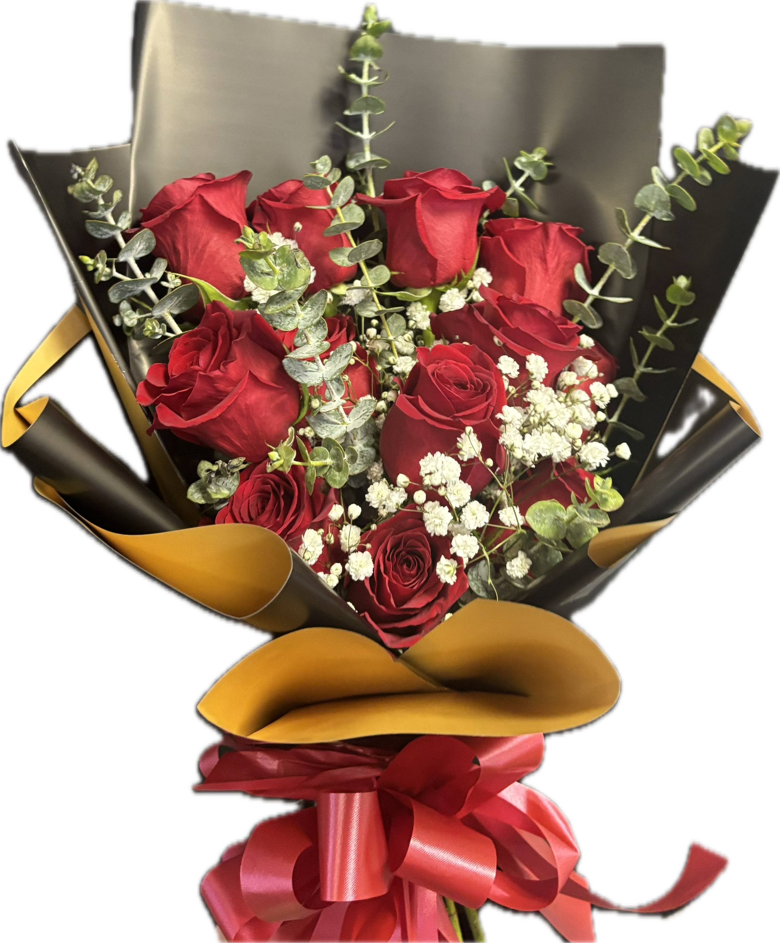 Classic But Not Basic Bouquet - A touch of traditional and modern mixed together in a beautiful bouquet.  Includes: 12 roses, eucalyptus, and babies breath wrapped in black/gold Korean waterproof paper. 