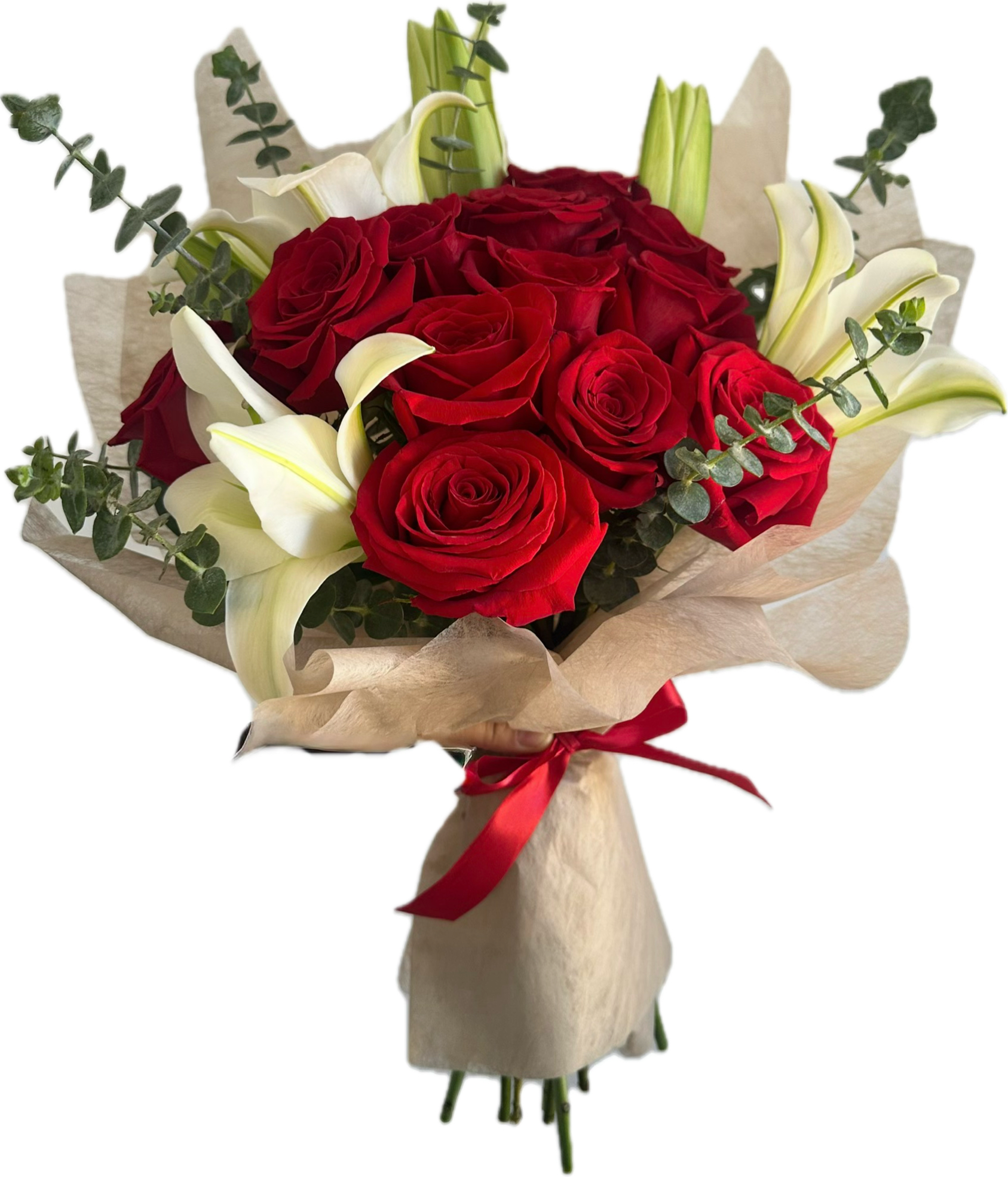 I Love You Bouquet - A way to say “I love you” without words.  Includes: roses, lilies, and eucalyptus wrapped in waterproof tissue paper.