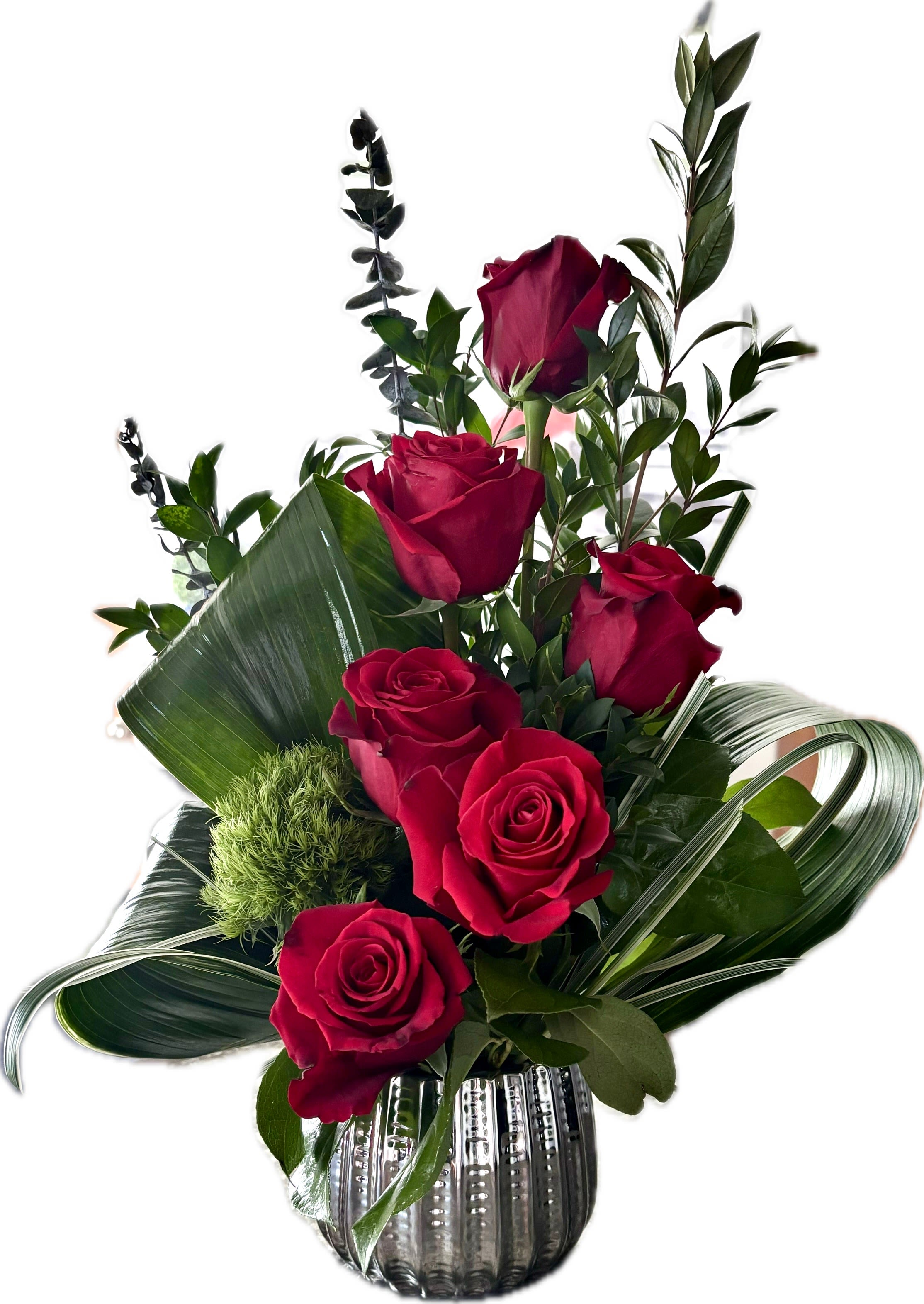 Modern Half Dozen  - Half a dozen of gorgeous roses in a modern look.  Includes: 6 roses, dianthus moss ball, green leves, and greenery in a vase. 