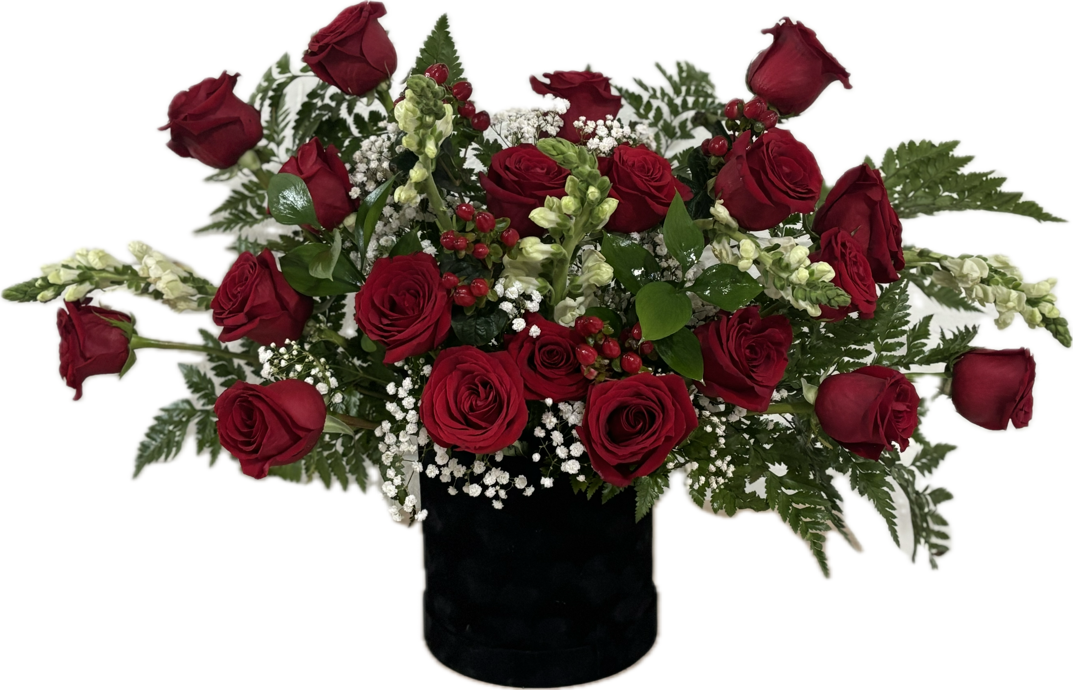 Miss Extraordinary  - The perfect flowers for that Miss Extraordinary person.  Includes: roses, hypericum, snapdragons, babies breath, and greenery in a box. 