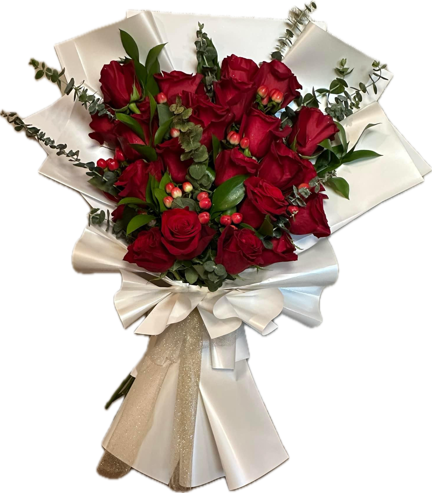 Modern Buchon - 24 beautiful red roses with mixed greens arranged in a front view wrapped in Korean pearl paper.  Includes: roses, hypericum, eucalyptus, and ruscus wrapped in Korean waterproof paper.