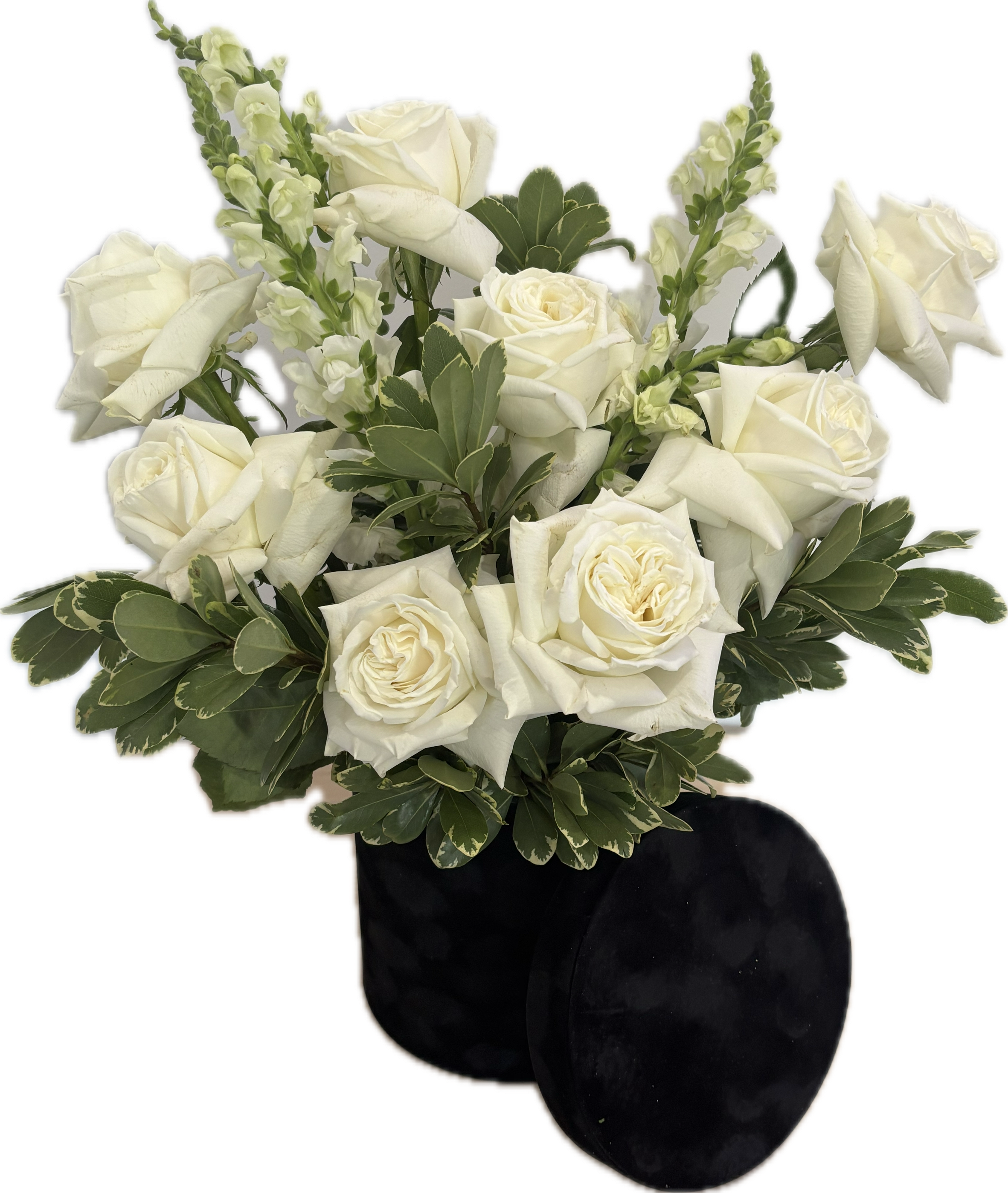 Elegance Bouquet - A beautiful simple, yet elegant arrangement designed in a box.   Includes: roses, snapdragons, and greenery in a box. 