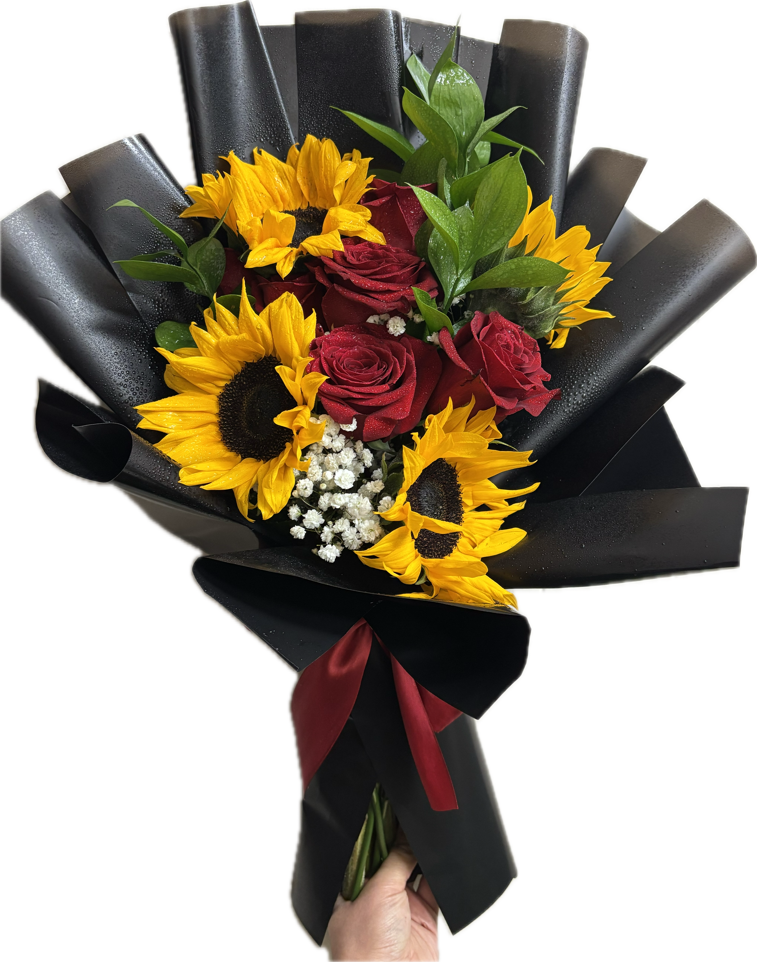 Sunshine Love - That same-warm feeling love you get from the sun and everyone’s favorite combo- sunflowers and roses.  Includes: roses, sunflowers babies breath, and ruscus wrapped in Korean waterproof paper