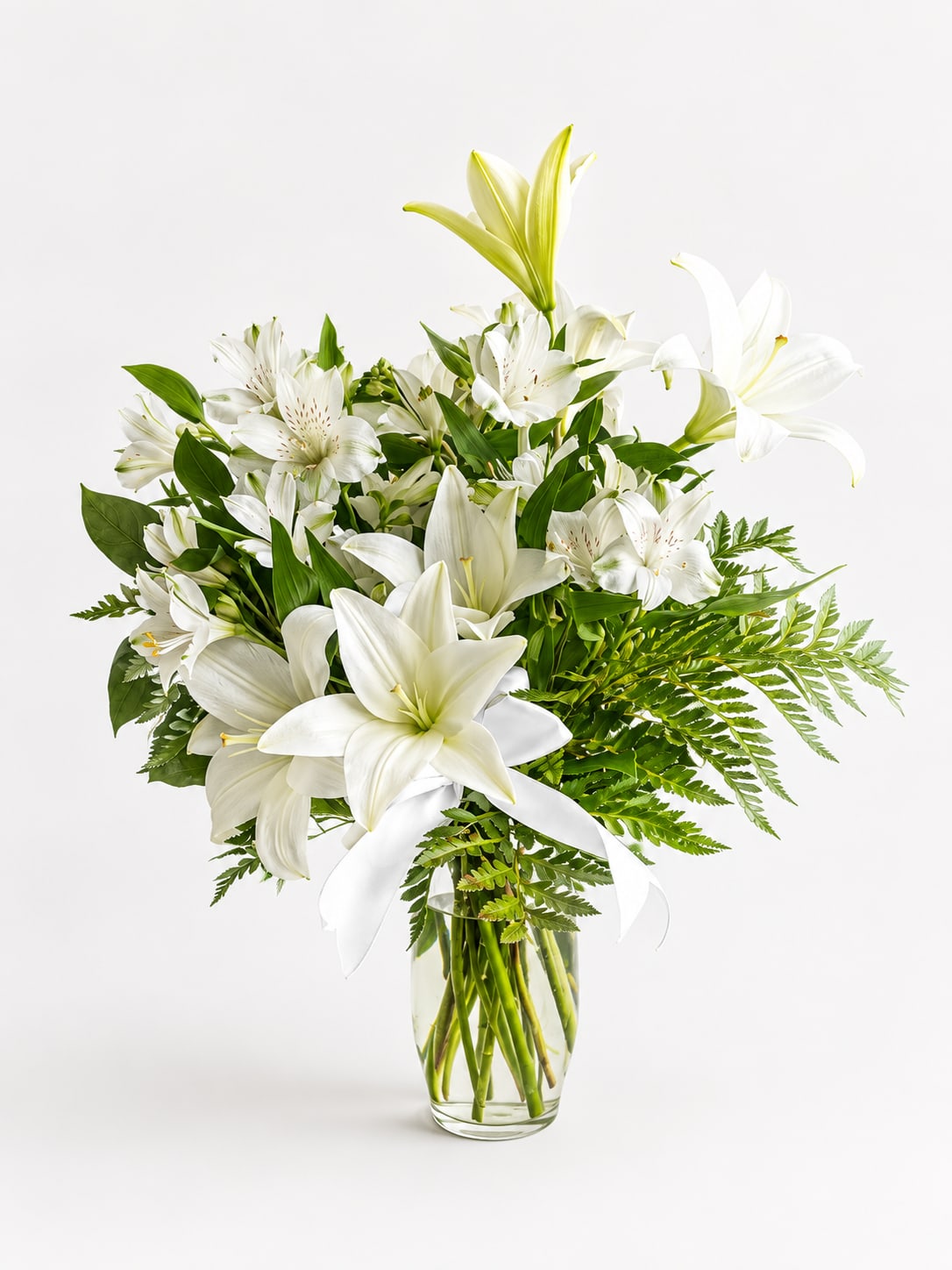 White lilies and alstroemeria in a clear glass vase with a white ribbon