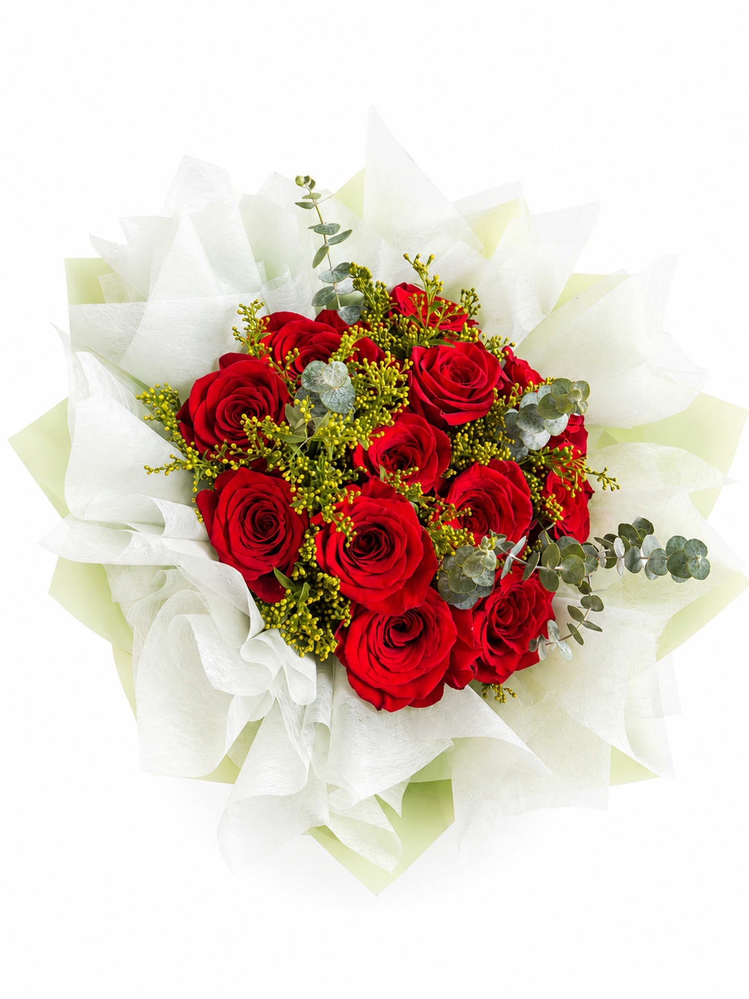 Bouquet of red roses wrapped in white paper