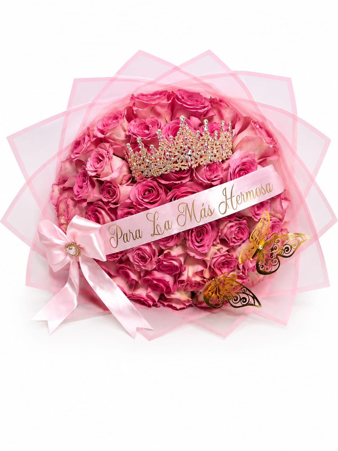 Pink rose bouquet with a jeweled crown and ribbon banner