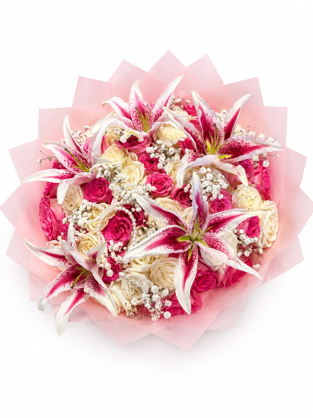 Pink and cream rose bouquet with white-and-pink lilies