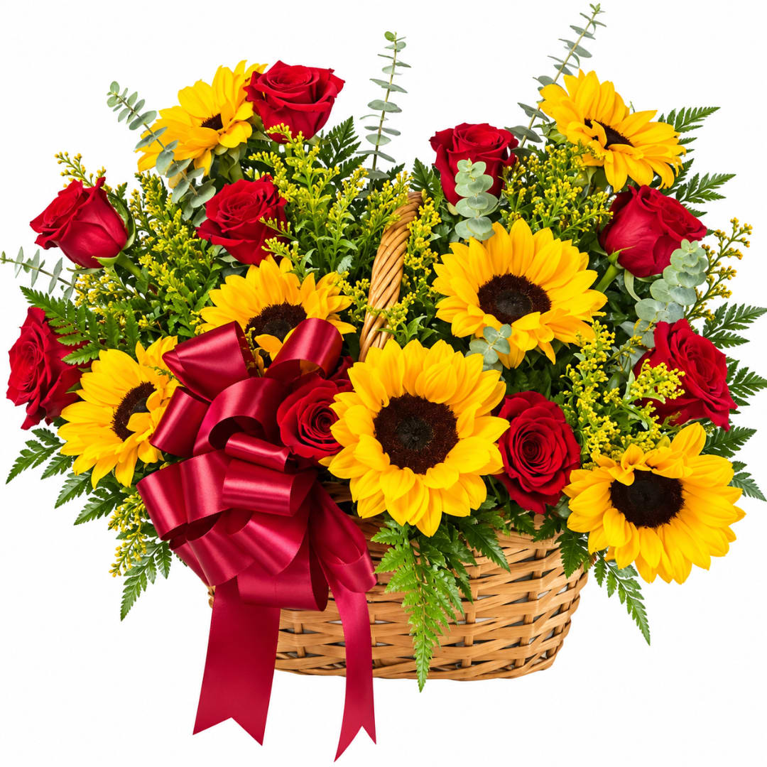 Basket of red roses and yellow sunflowers with a red ribbon