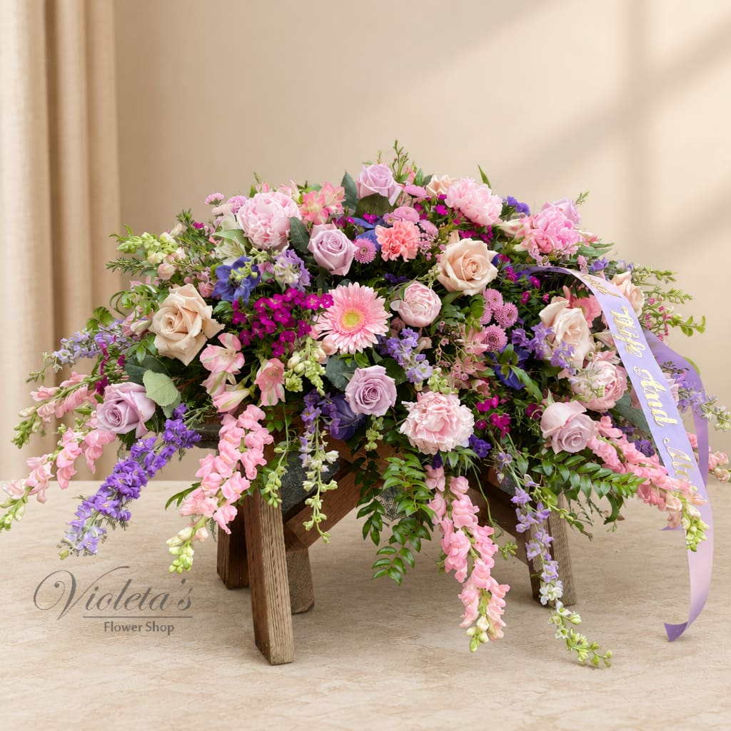 Large pastel flower arrangement on a wooden stand with a ribbon