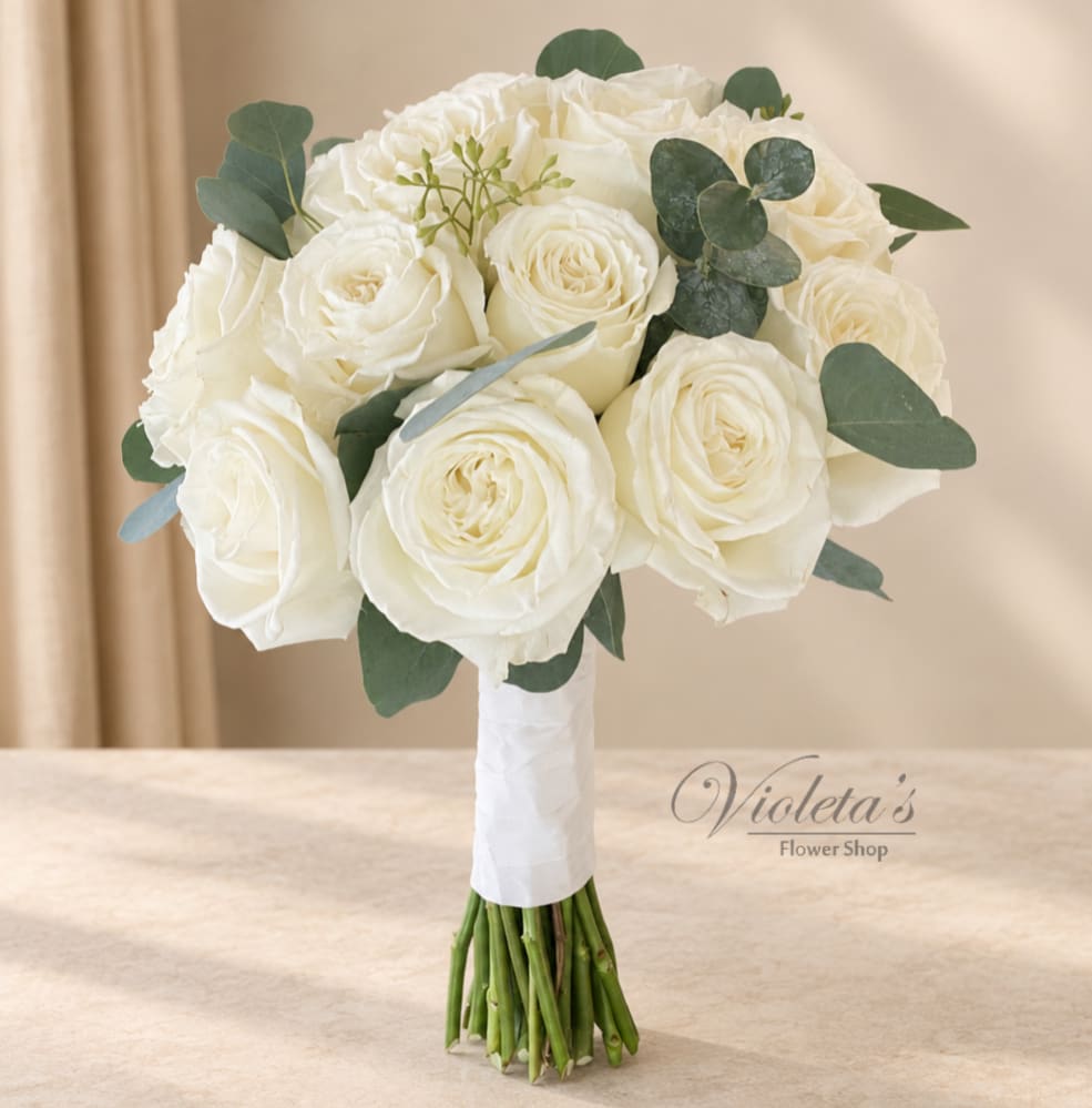 White rose bridal bouquet with eucalyptus greenery