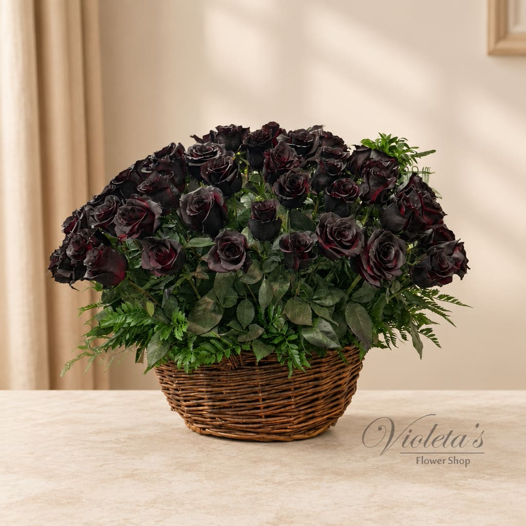 Basket arrangement of dark roses with greenery