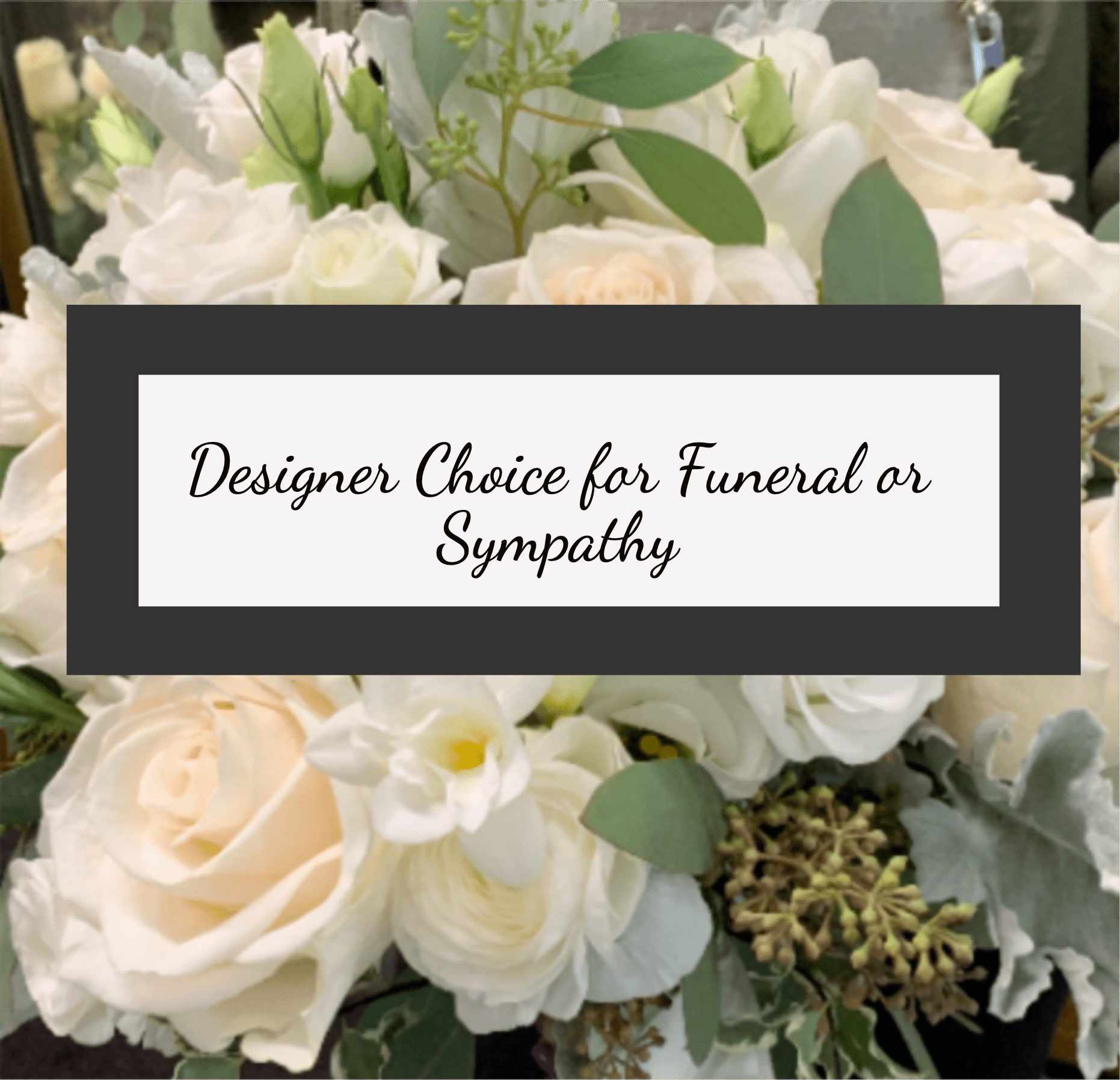 Designer Choice For Sympathy - Soft cream and blush roses take center stage in this sympathy flower arrangement, a gentle presentation-style bouquet designed to comfort and convey heartfelt condolences. The palette of white, pink, peach and muted greens reads calm and reassuring-perfect for sympathy, memorial services, or to send a quiet, supportive message to someone grieving.    