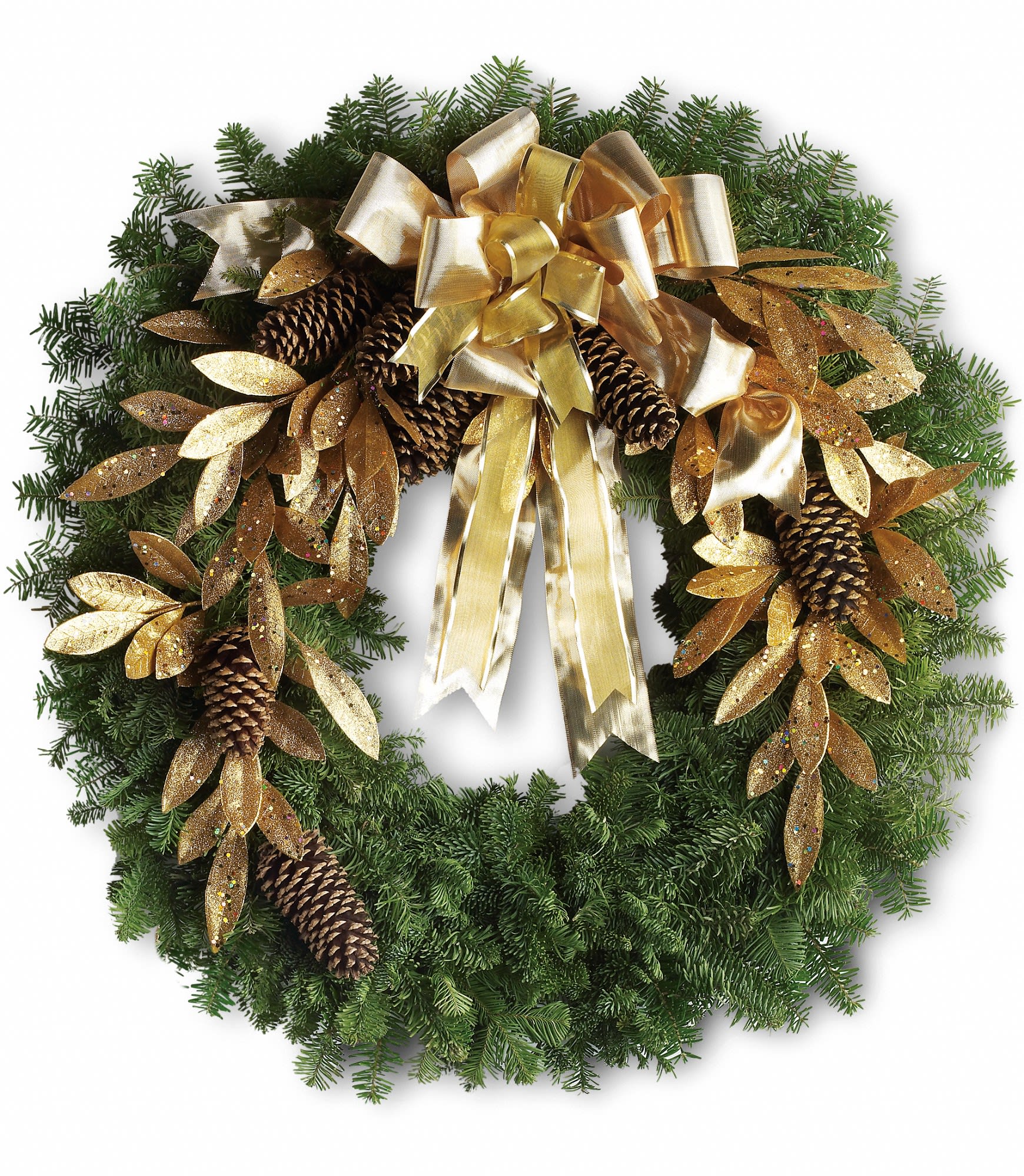 Glitter &amp; Gold Wreath  - When it comes to saying "Merry Christmas," this wreath offers a golden opportunity to say it in style!    An elegant noble fir wreath is adorned with yards upon yards of gold ribbon, gold ornaments, pinecones and more. Perfect for your own house, or the home of a loved one. In this case, all that glitters really is golden!    Approximately 30" W x 30" H    Orientation: N/A        As Shown : T130-1A      Deluxe : T130-1B      Premium : T130-1C    