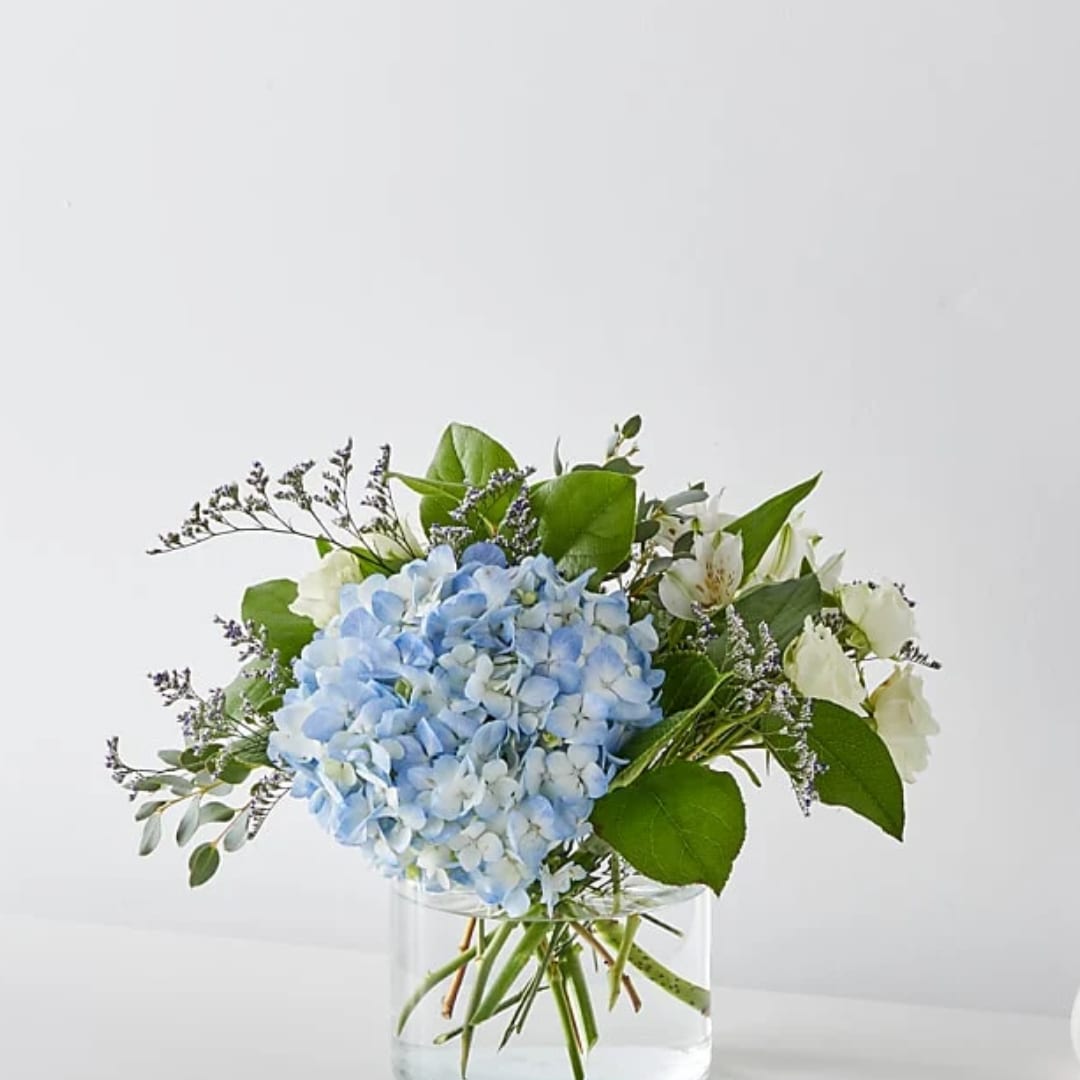 Blue hydrangea bouquet with white flowers in a clear glass vase