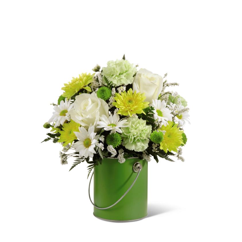 FTD Color Your Day with Joy Bouquet - The FTD Color Your Day With Joy Bouquet is a spirited display of   bright, bold hues to give your special recipient a refreshing burst of   happiness. Green carnations, white roses, yellow cushion poms, white   traditional daisies, green button poms, white limonium and lush greens   are blooming with cheer seated in a striking green paint can inspired   vase to create an incredible gift they will delight in. GOOD bouquet   includes 10 stems. Approx. 11âH x 10âW. BETTER bouquet includes 17   stems. Approx. 12âH x 11âW. BEST bouquet includes 24 stems. Approx. 13âH   x 13âW. 