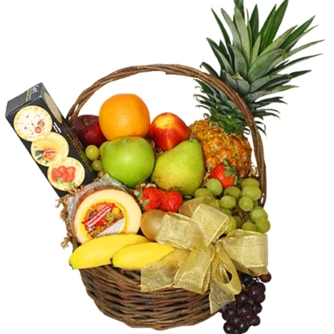 Fruit basket with pineapple, apples, grapes, strawberries, bananas, and cheese