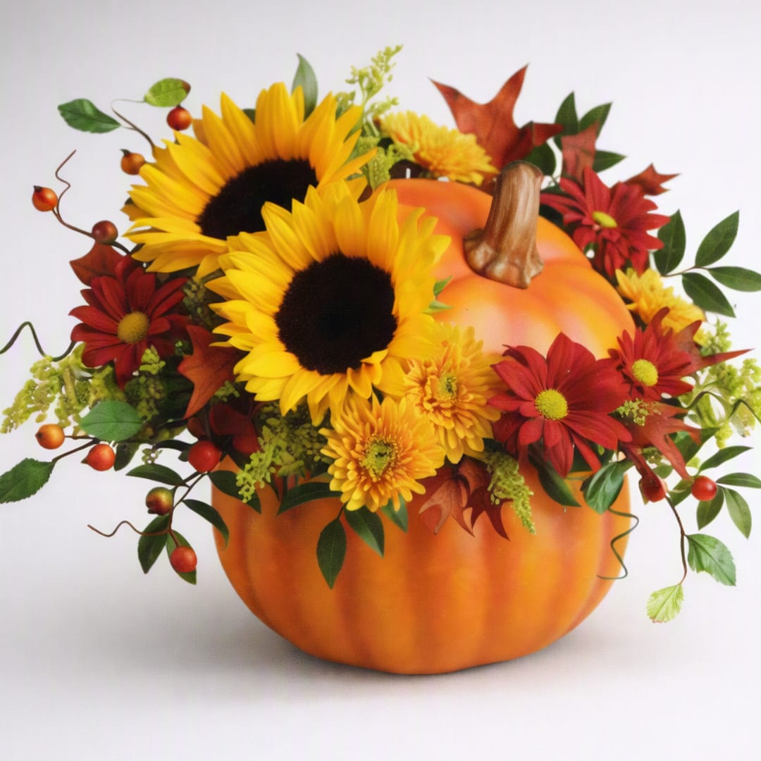 Pumpkin-shaped arrangement with sunflowers and red daisies
