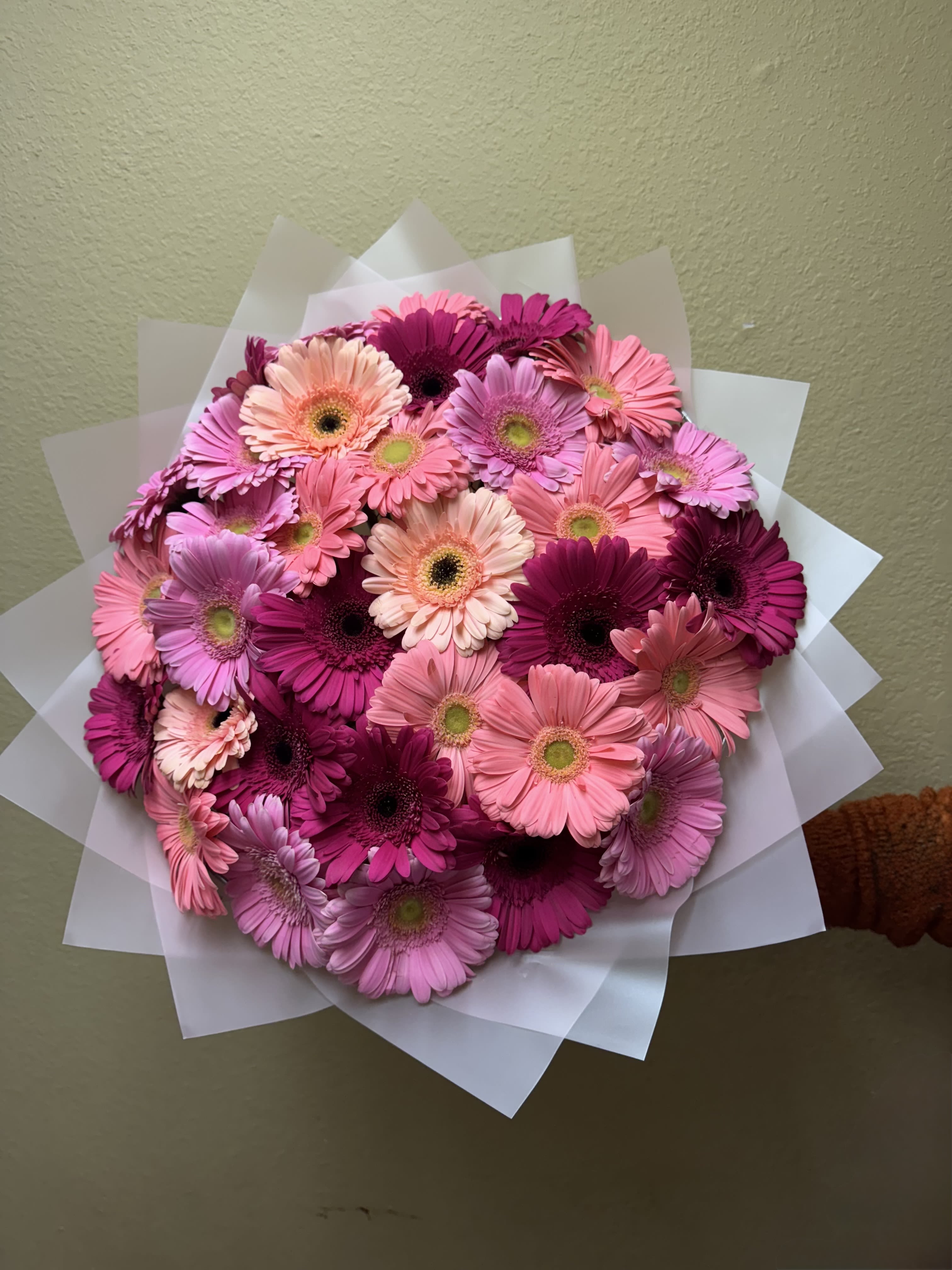 Gerber Surprise - Bright, cheerful, and full of charm, this handmade bouquet is designed to make any occasion feel extra special. Wrapped in floral paper, its vibrant shades of pink create a fresh and joyful presentation that's sure to bring a smile to anyone's face.  **Colors of gerber daisies may change based on availability. **  **Wrapping paper is subject to availability. While the design or pattern may vary, we will do our best to use a similar color and maintain the overall look of the bouquet.**