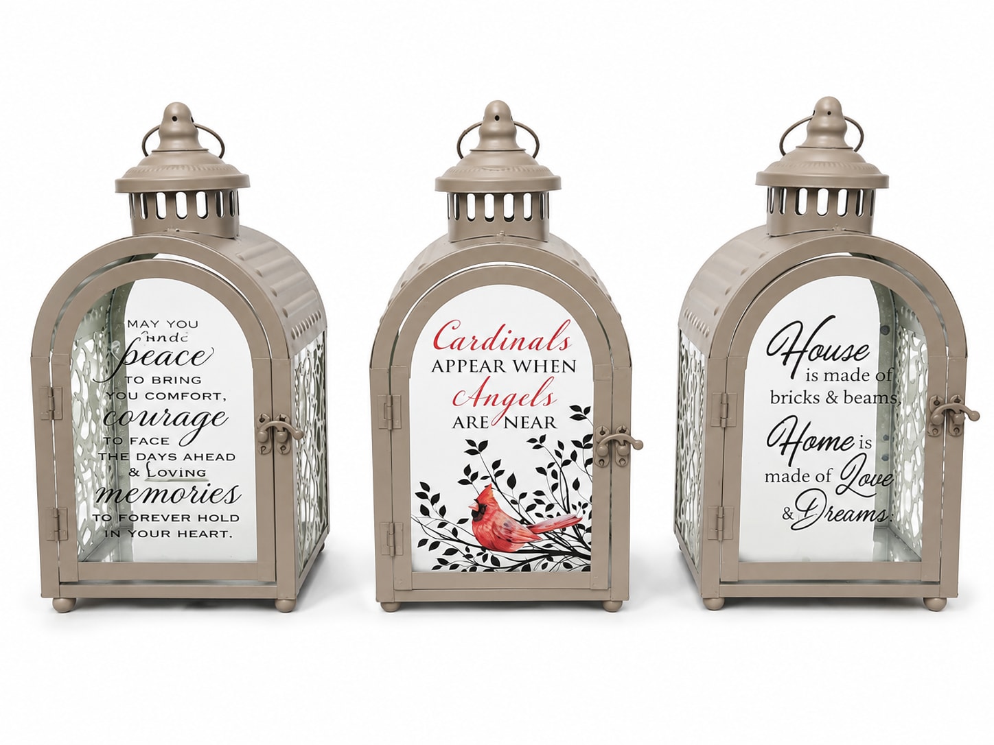Three decorative lanterns with printed memorial and home quotes