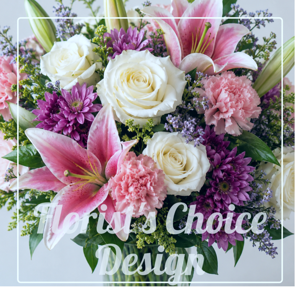Bouquet of white roses, pink lilies, and purple flowers