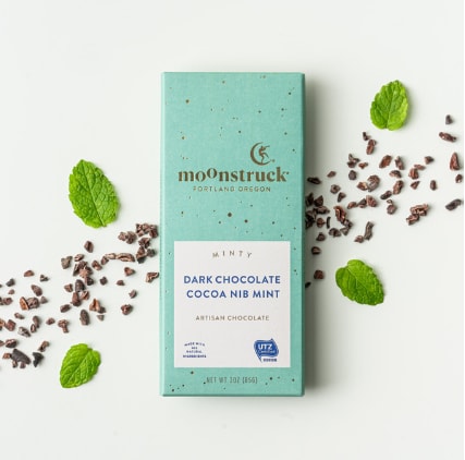 Moonstruck Minty Dark Chocolate Cocoa Nib Mint Bar - Fresh notes of Oregon mint flourish in the dark chocolate depths of this elegant bar, studded with a constellation of cocoa nibs.