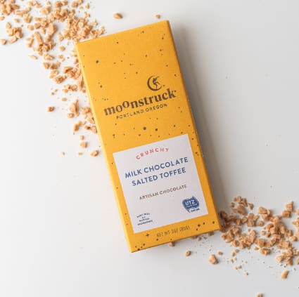 Moonstruck Crunchy Milk Chocolate Salted Toffee Bar - Illuminate your senses with this luscious bar that sings of smooth chocolate accompanied by almonds and rich toffee.
