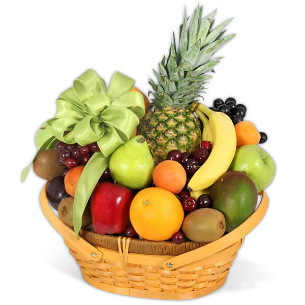 Wicker gift basket filled with assorted fresh fruits and topped with a green bow
