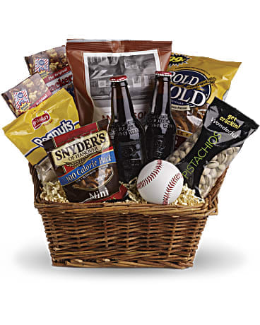 Gift basket with snacks, two beer bottles, and a baseball