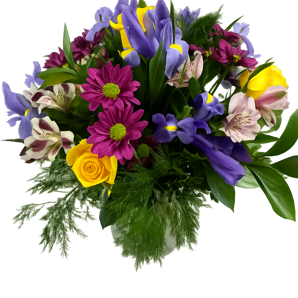 Iris Spring Bouquet -  Iris, yellow roses, purple daisys, and alstromeria arranged in a glass vase