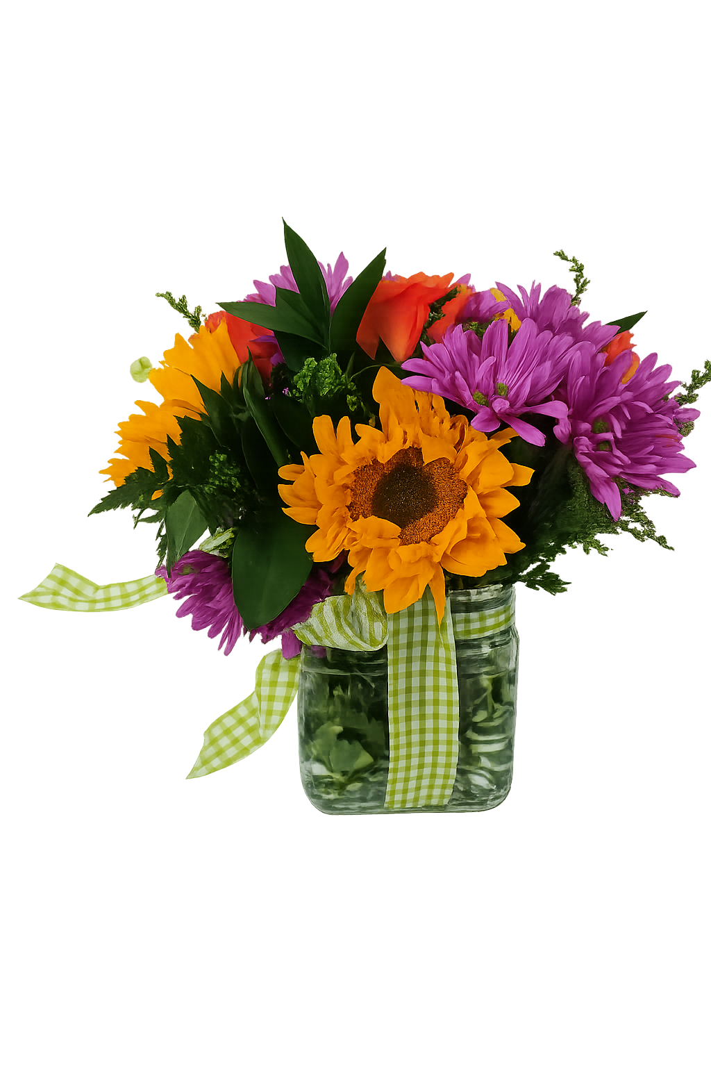 Thanks for your presence bouquet - Sunflowers, lavender daisys, orange roses and solidago arranged in a glass cube tied with ribbon