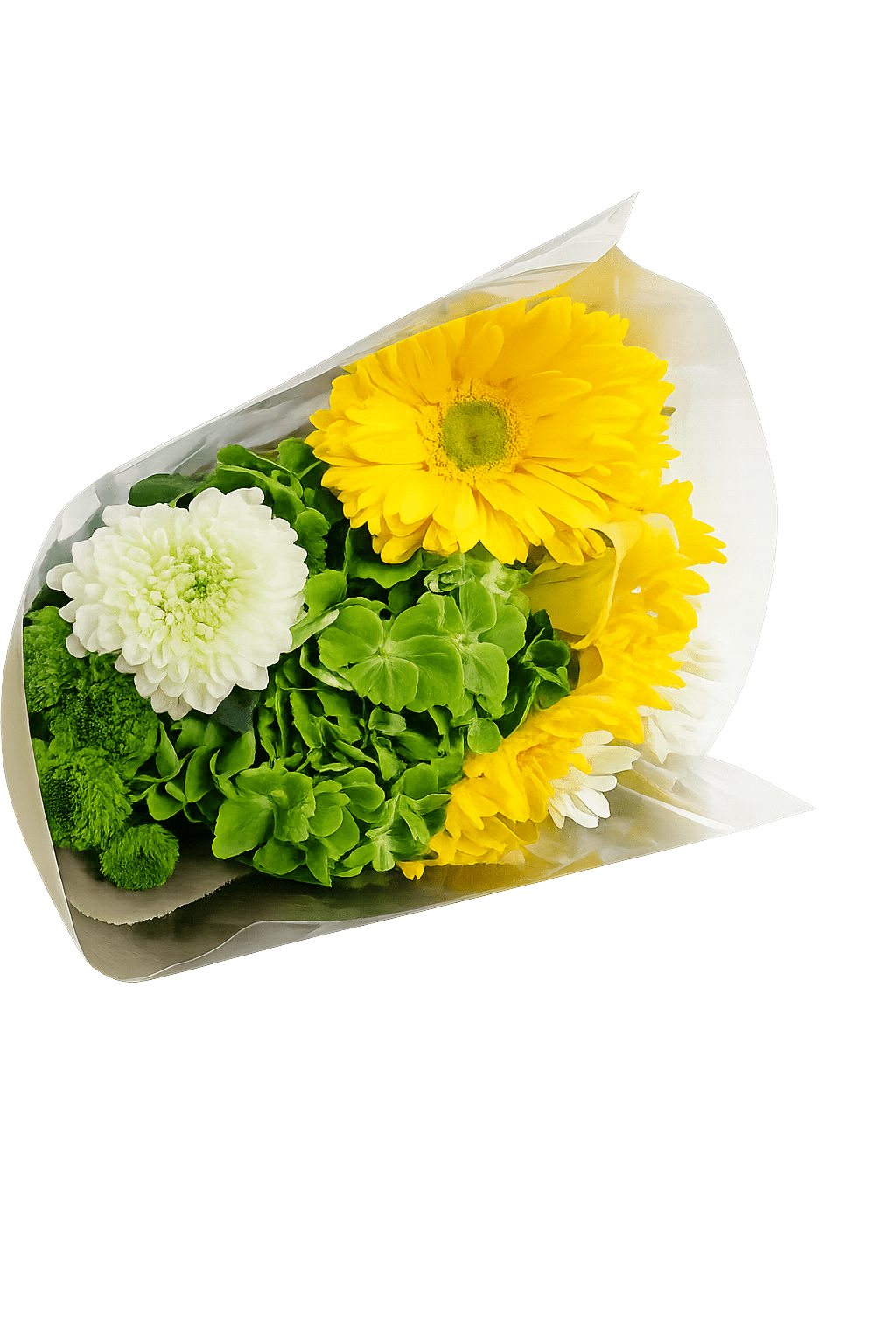 Yellow and white flowers wrapped in white paper